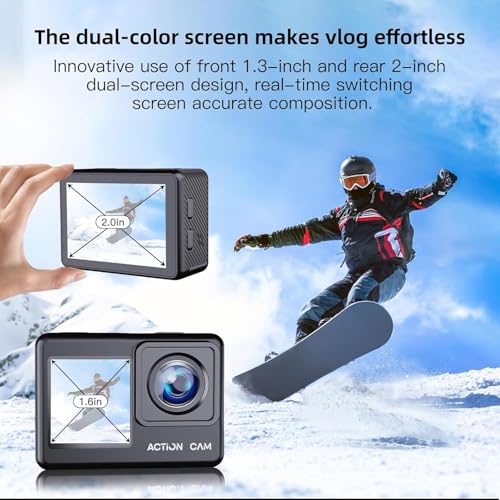 Fceoul Action Camera 1080P FHD 16MP Waterproof Dual Screen Black