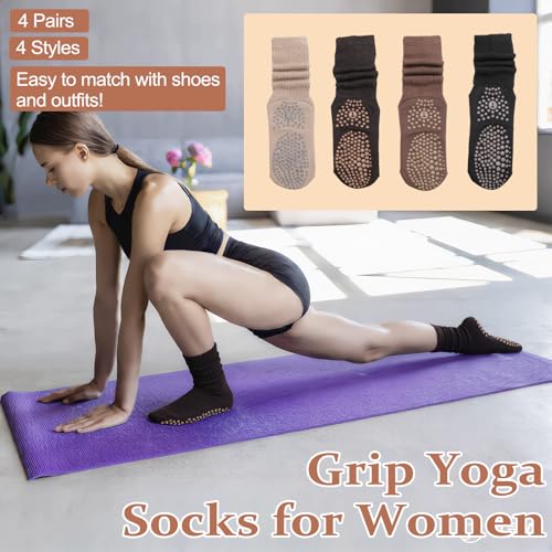 3/4/5 Pairs Slouchy Pilates Socks with Grips - Black, Dark Brown, Light Brown, Khaki