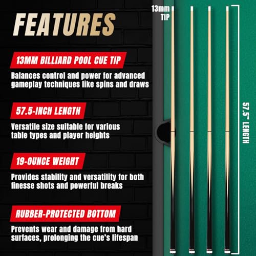 Black Pool Cue Set of 4 - 58 Inch Canadian Ashwood Billiard Cues with Low-Deflection Shaft & Extra Chalks