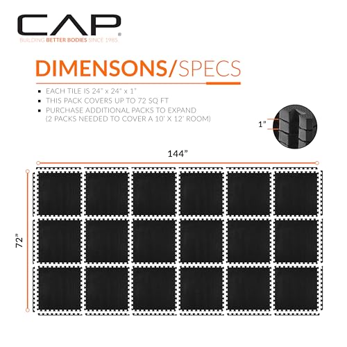 CAP 24-Inch Interlocking EVA Foam Puzzle Exercise Mat, 1 Inch Thick, Black, 18 Tiles (72 SQ FT)