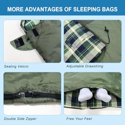 POEPORE Double Sleeping Bag for Adults with 2 Pillows, XXL Queen Size, Green