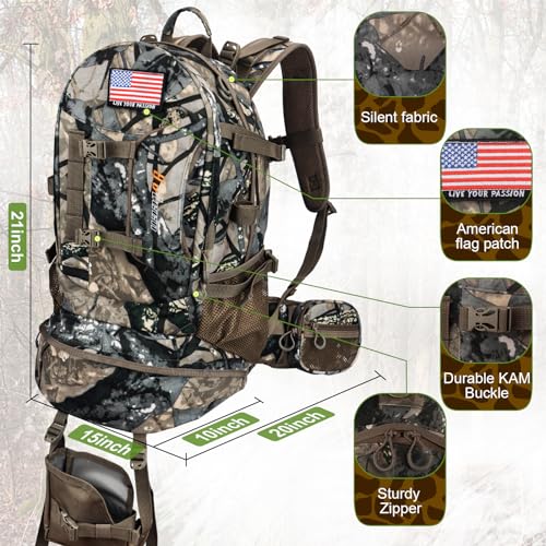 YVLEEN Forest Shadow Green Camo Hunting Backpack with Rifle & Bow Carry, Detachable Waist Pack