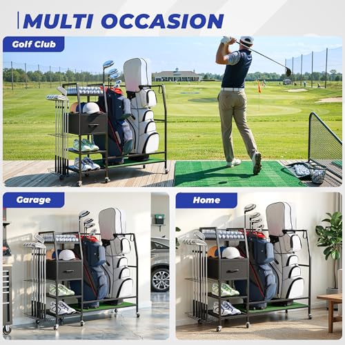 Sturdum 43.3in Golf Bag Organizer Rack with Wheels & Turf Mat