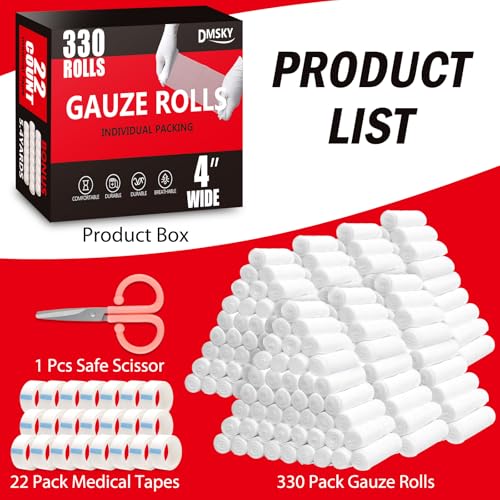 330 Pack Gauze Rolls - 4 in x 4.1 Yards, Individually Sealed, Non-Stick, Elastic Wound Dressings, First Aid Supplies