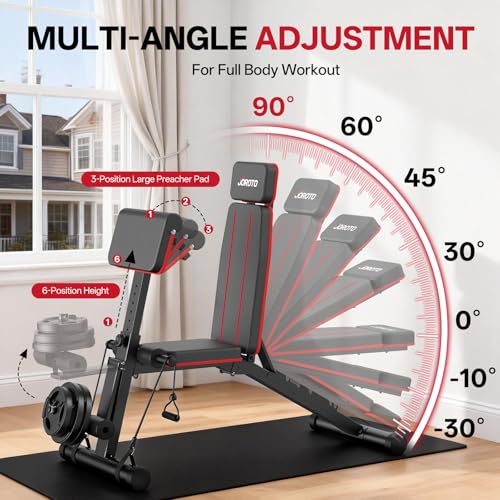 Red JOROTO Adjustable Weight Bench with Leg & Back Extensions, Preacher Curl