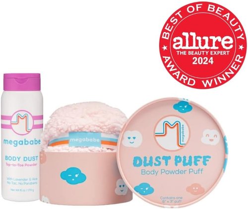 Megababe Body Dust Powder 6 oz & Puff Bundle - Talc-Free, Sweat-Absorbing Solution