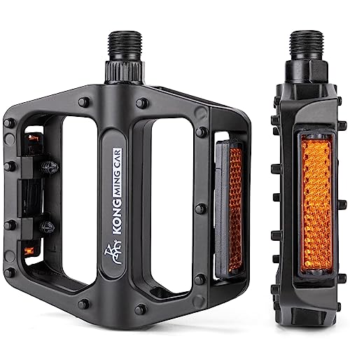 Black Mountain Bike Pedals 9/16 Inch Aluminum Flat Pedals with Reflectors - Wide Platform