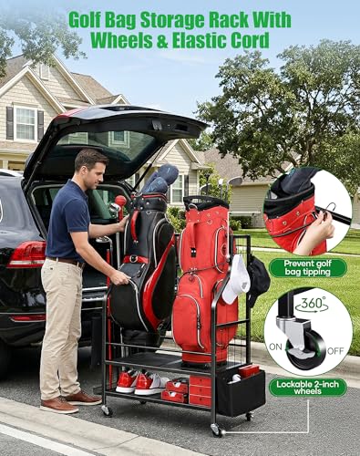Black Golf Bag Storage Organizer Stand for 2 Bags with Wheels