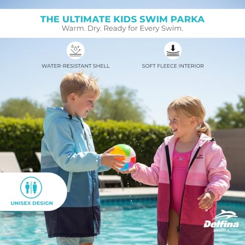 Delfina Kids Swim Parka for Ages 9-14, Water-Resistant Unisex Youth Jacket with Removable Sleeves & Hood, Blue