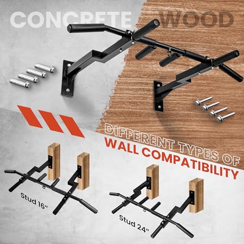 Wall Mounted Pull Up Bar - Adjustable for 16 & 24-Inch Studs, Multiple Grip Positions