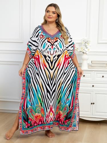 Plus Size Kaftan Dress for Women V-Neck Print Beach Cover Up - One Size, Colorful Stripes