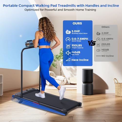 Portable Walking Pad Treadmill with Handle Bar & Incline for Home Fitness