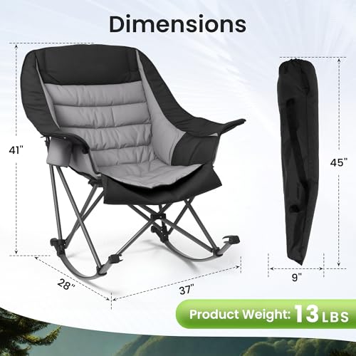 Oversized Foldable Rocking Camping Chair with Cup Holder & Side Pocket - Black & Gray