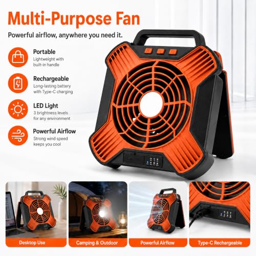 Portable Solar Powered Fan with Rechargeable Battery & LED Light - Black & Orange