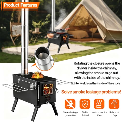 Black Portable Wood Burning Tent Stove with Chimney Pipes for Outdoor Heating and Cooking