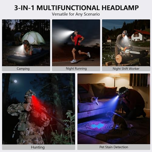 OMALIGHT Rechargeable Headlamp 16 Modes Waterproof with Blue Light for Hunting & Detection