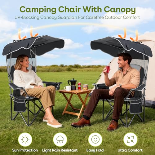 Camping Chair with Canopy Shade - Folding Outdoor Beach Chair, Black, 1 Pack