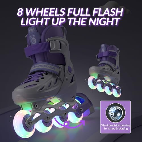 SUPER YOUNGSTER Adjustable Inline Skates for Kids Ages 4-12, Light-Up Wheels, White & Purple, Medium-Big Kid (1-4 US)