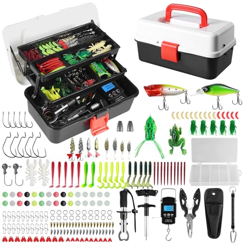 Black 3-Layer Fishing Tackle Box Kit with 213 Pcs Lures & Accessories