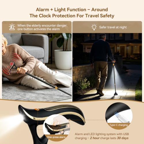 ISPUOOCTI Black Multifunctional Walking Cane with Alarm Light & Adjustable Height