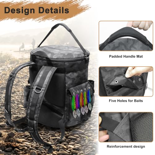 MDSTOP Black Camo Fishing Bucket Backpack with Seat & Tackle Storage