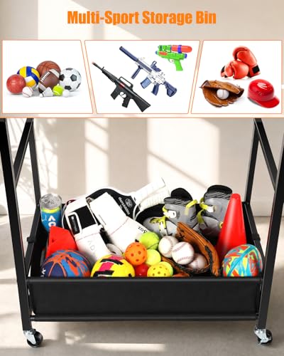 Large Black Ball Storage Rack with Wheels for Garage & Sports Equipment