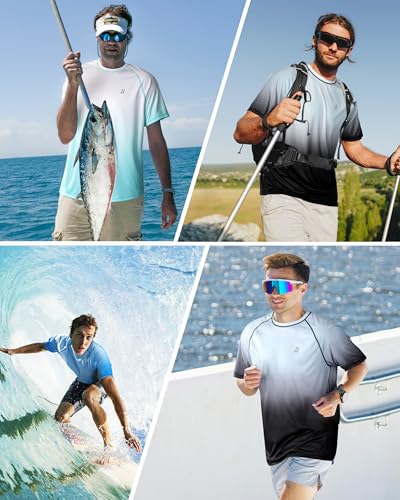 Roadbox Men's UV Sun Protection Rash Guard Short Sleeve Blue Gradient Large
