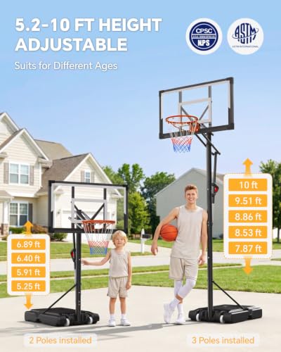 FirstAsk Black 10FT Adjustable Outdoor Basketball Hoop System with 44" Backboard & Wheels