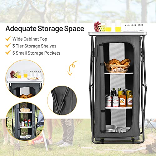 Grey 47-Inch Folding Camping Storage Cabinet with 3 Shelves and Carry Bag