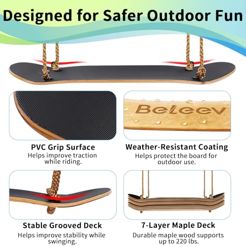 BELEEV Classic Wood 31-Inch Skateboard Swing for Kids & Adults, Adjustable Handles & Ropes