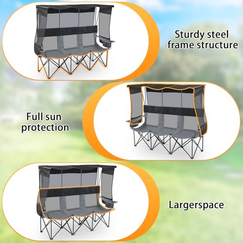 Teenyyou 3 Person Camping Chair with Canopy - Heavy Duty 990lbs Support, Black Gray