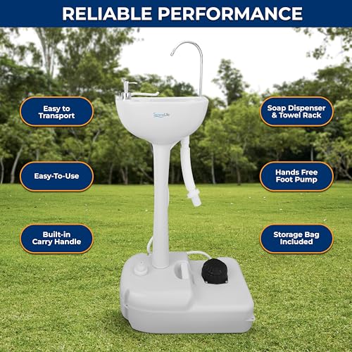 SereneLife 5 Gal Portable Hand Washing Station with Hands-Free Foot Pump, Soap Dispenser & Drain Hose