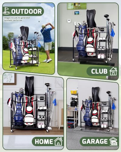 Logicexplore 2 Golf Bag Storage Organizer Rack with Rolling Wheels - Heavy-Duty Metal Garage Golf Gear Holder