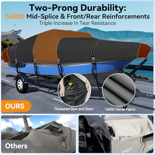 1600D+1200D V-Hull Boat Cover with 2-Inch Tie-Down Loops, Black, 16-18.5Ft
