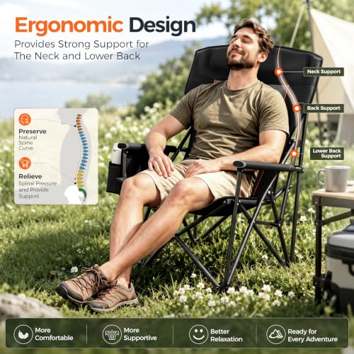Alpha Camp Heavy Duty Oversized Camping Chair with Cup Holder & Headrest - Black, 2-Pack, 500LBS Capacity