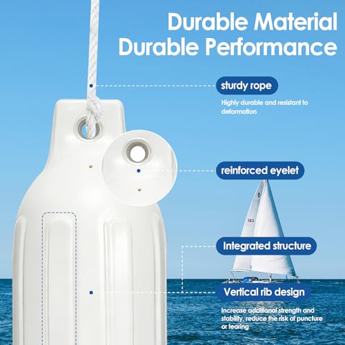 Boat Bumpers Fenders 6.5 x 23 Inches White - Marine Docking Protection Kit with Ropes & Pump