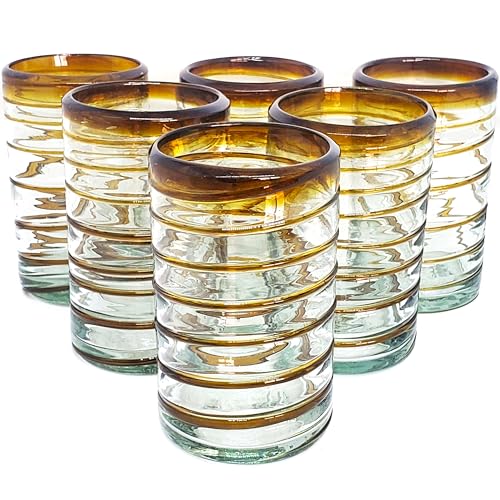 MexHandcraft Amber Spiral 14 oz Drinking Glass Set of 6 - Recycled, Lead-Free, Toxin-Free