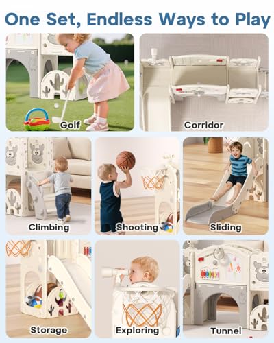 BIERUM Toddler Slide Set 13-in-1 Playground for Ages 1-3 Cream & Gray