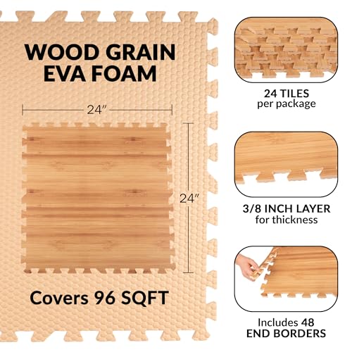 Stalwart Natural Wood Grain Foam Floor Tiles 24-Pack - Interlocking Puzzle Mats for Gym & Home