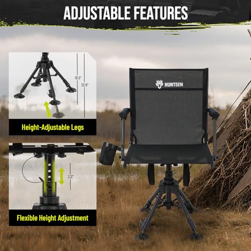 HUNTSEN Standard Edition 360° Silent Swivel Hunting Chair – Heavy Duty Ground Blind Seat with Adjustable Legs & Armrest, Supports 330lbs