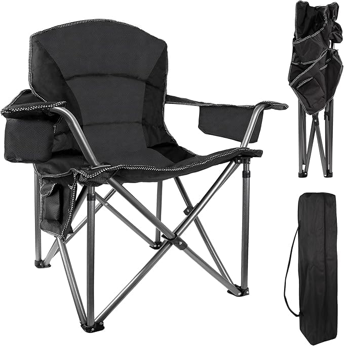 CRKOIAXEP Heavy Duty Folding Camping Chair Black 2 - 500lbs Oversized Padded Outdoor Seat with Cooler & Cup Holder