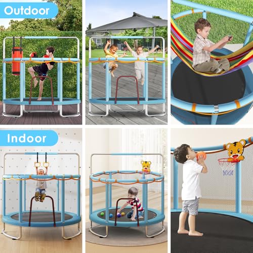 Blue 60-Inch Kids Trampoline with Safety Net & Adjustable Gymnastics Bar - Upgraded Anti-Rust Frame, Supports 440lbs, Indoor/Outdoor