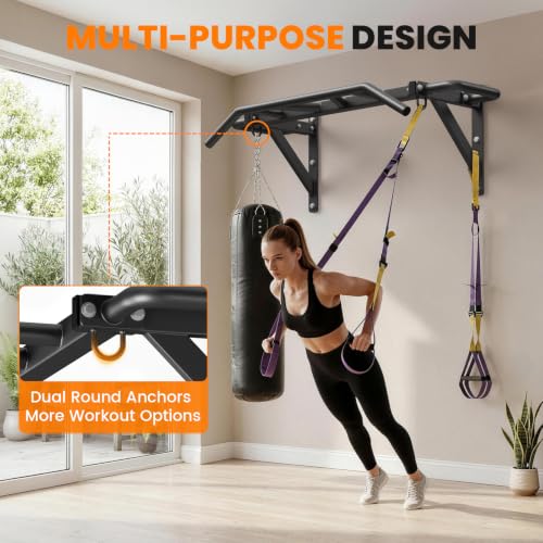 Heavy Duty Wall-Mounted Pull Up Bar 600 lbs Capacity, 14 Grip Positions for Home Gym