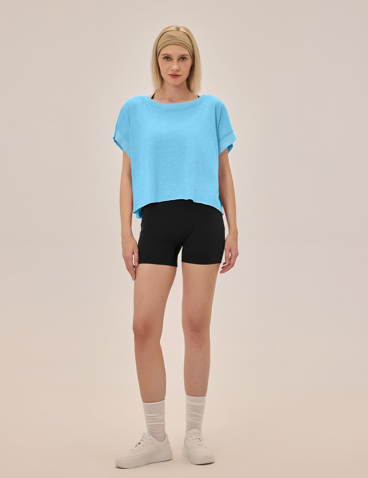 UNIANKIYA Open Back Workout Tops for Women Loose Fit Athletic Crop Tee Short Sleeve Gym Running Yoga Shirt Mint Blue