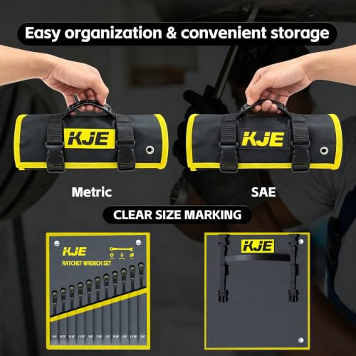 KJE 24-Piece Black Nickel Metric & SAE Flex-Head Ratchet Wrench Set, 90-Tooth, 8-19mm & 1/4"-7/8" with Organizer Bag
