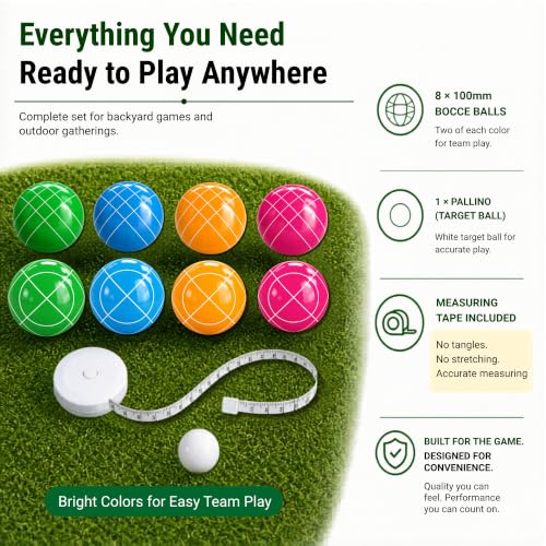 Bocce Ball Set with 8 Resin Balls, Pallino, Carry Bag & Measuring Tape