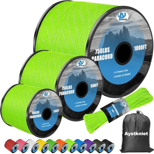 Aystkniet Reflective Paracord Rope Fluorescent Green 1000FT - Heavy Duty Survival Cord