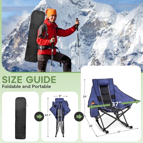 Suteck Navy Blue Oversized Rocking Camping Chair with Padded Seat & Cup Holder