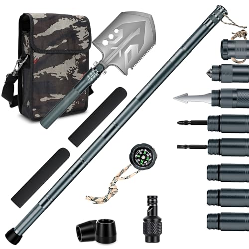 LCNCY Grayish Green Survival Walking Stick with Camp Shovel - Heavy Duty Hiking Staff