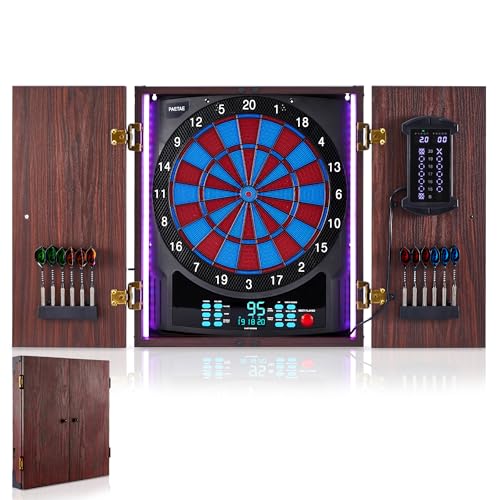 Electronic Dart Board with Wooden Cabinet, 45 Games, LED Score & Voice Prompts